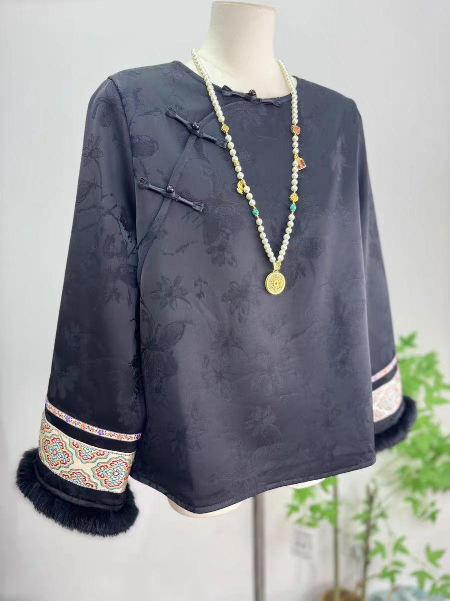 Women's Black Jacquard Silk Chinese Style Blouse – additional product view