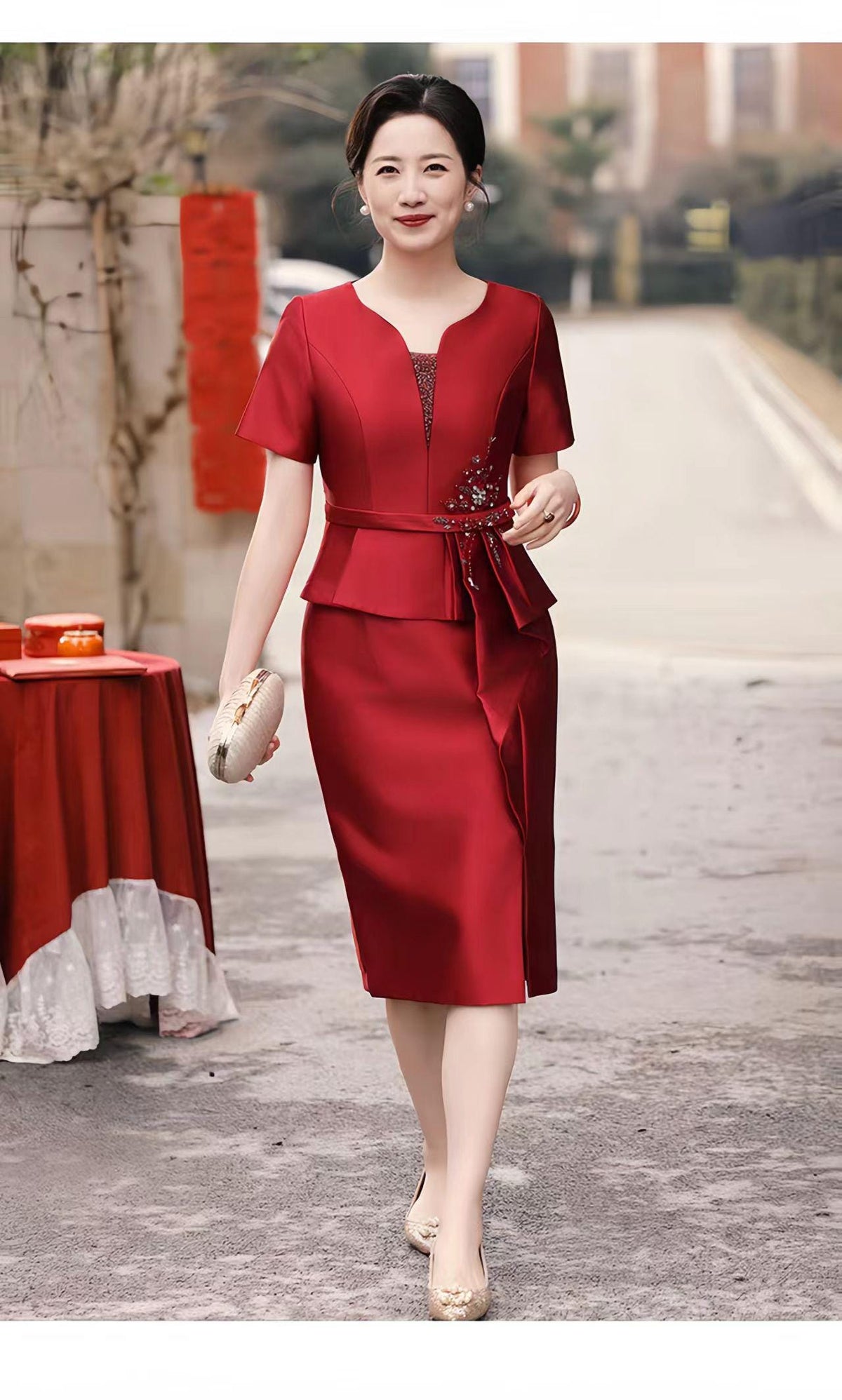 Women's Red Embroidered Satin Qipao Cheongsam Dress – additional product view
