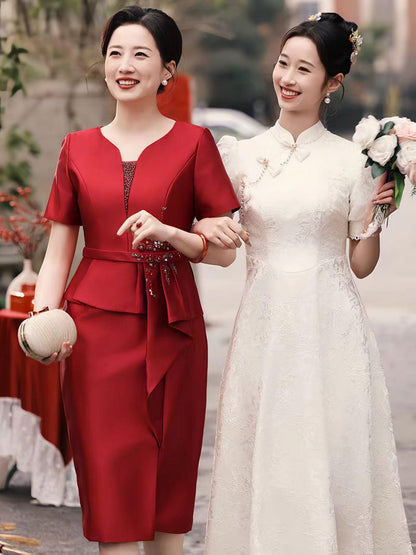 Women's Red Embroidered Satin Qipao Cheongsam Dress – additional product view