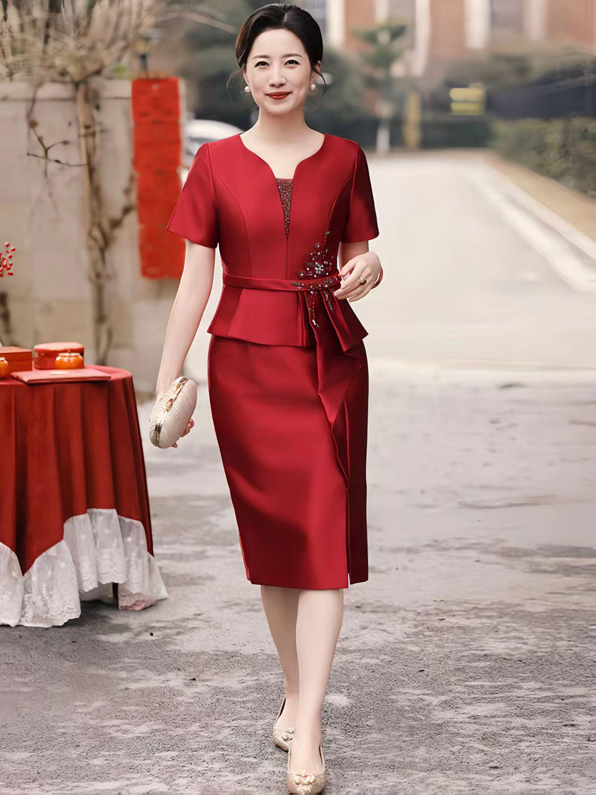 Women's Red Embroidered Satin Qipao Cheongsam Dress