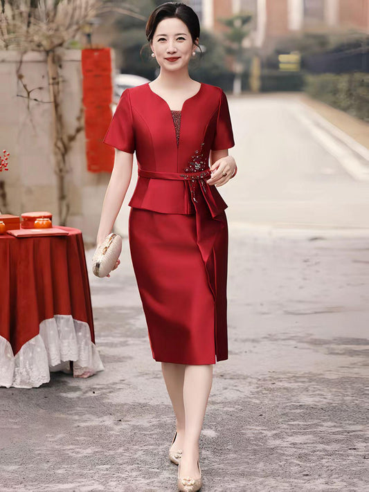 Women's Red Embroidered Satin Qipao Cheongsam Dress