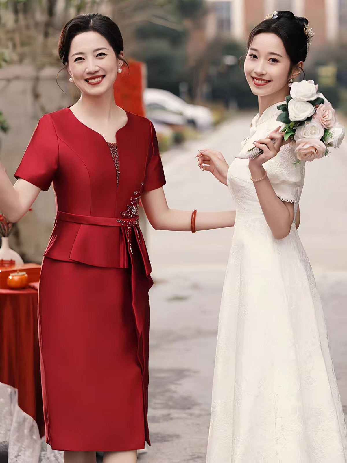 Women's Red Embroidered Satin Qipao Cheongsam Dress – additional product view