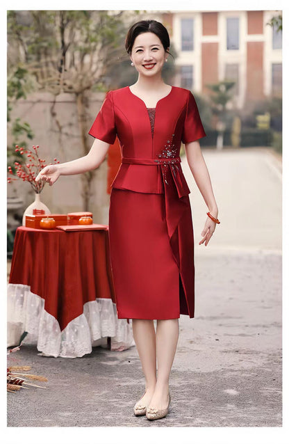 Women's Red Embroidered Satin Qipao Cheongsam Dress – additional product view