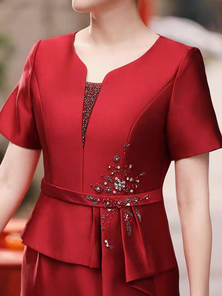 Women's Red Embroidered Satin Qipao Cheongsam Dress – additional product view