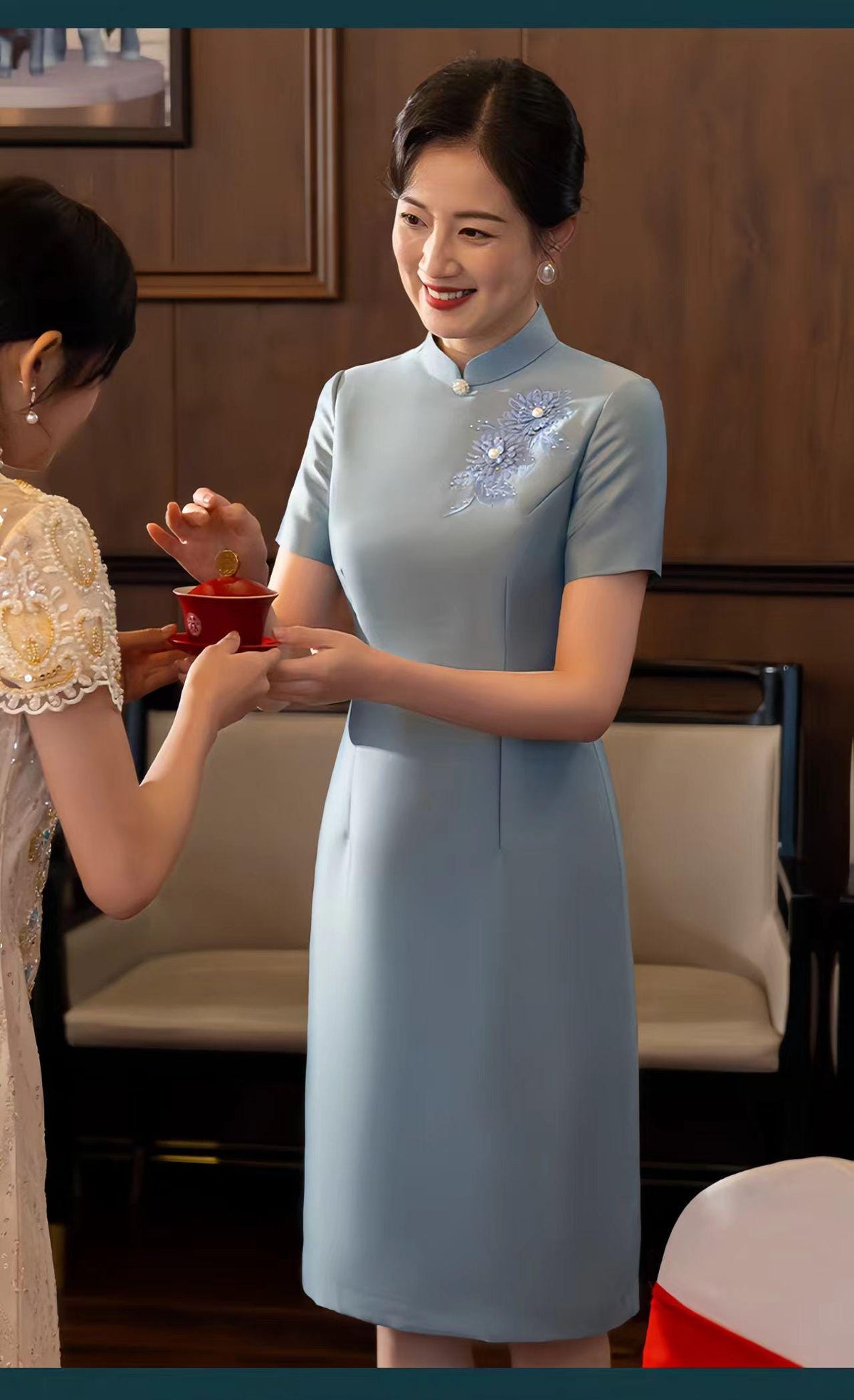 Women's Red Floral Qipao Cheongsam Dress – Linen – additional product view