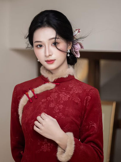 Women's Red Floral Velvet Qipao Cheongsam Dress – additional product view
