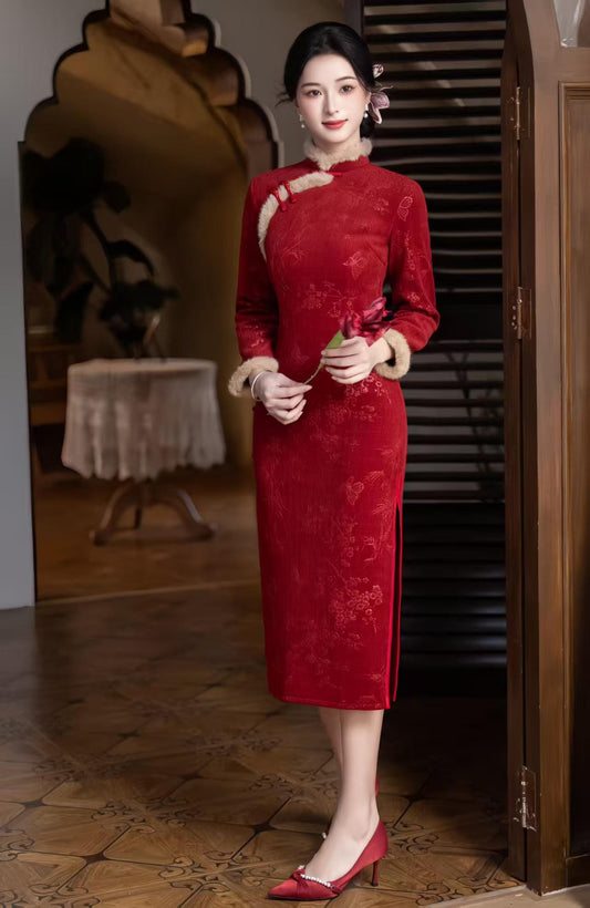 Women's Red Floral Velvet Qipao Cheongsam Dress