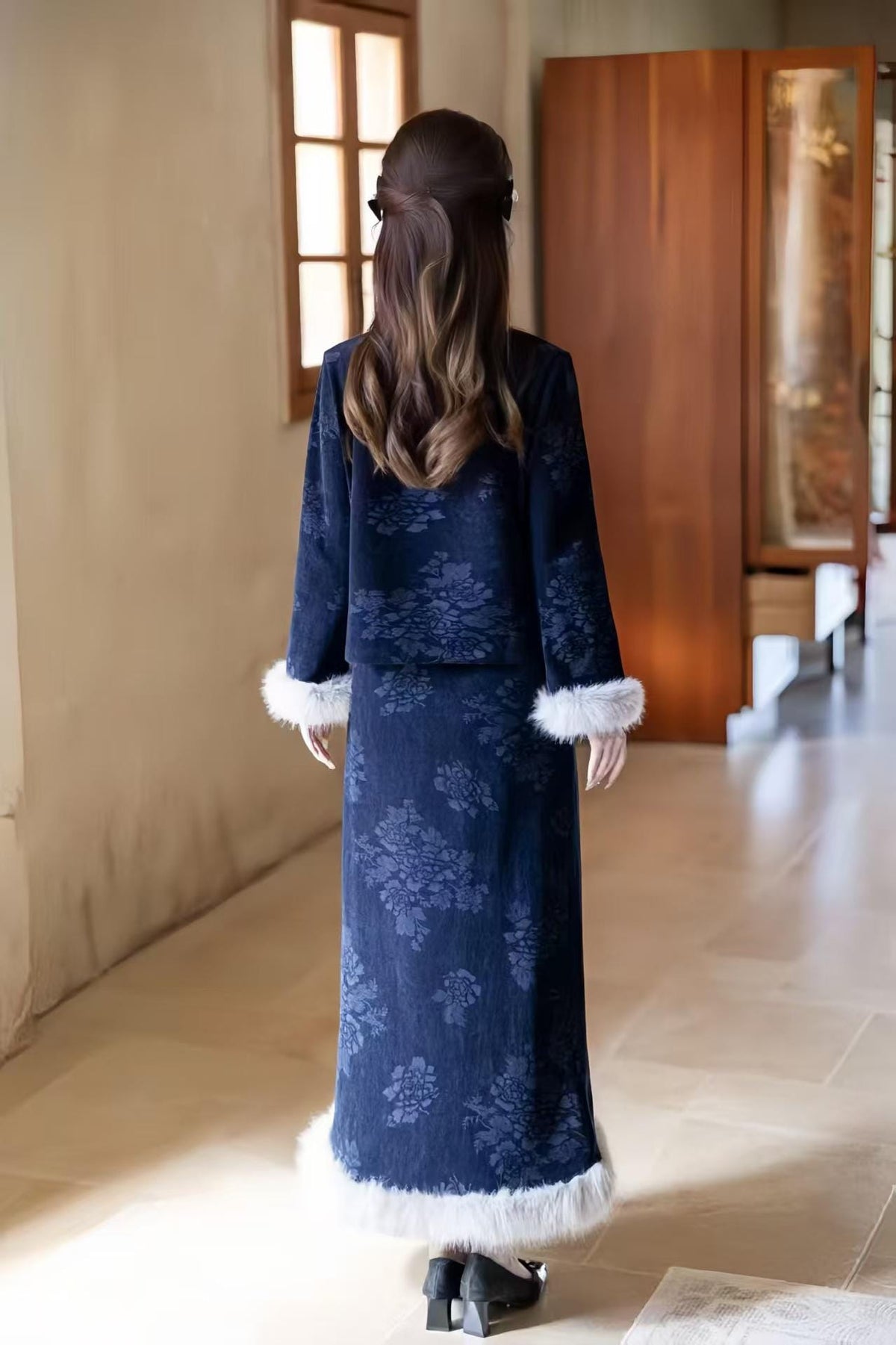 Women's Blue Vintage Qipao Cheongsam Dress – Chenille Maxi – additional product view