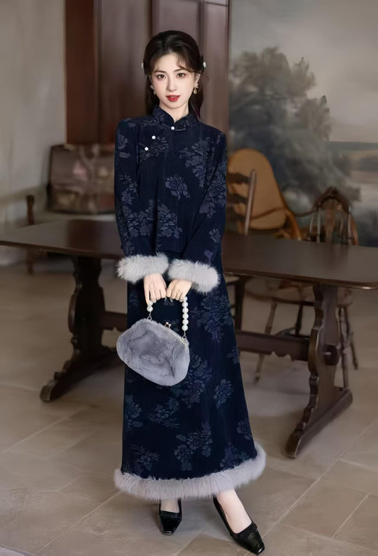Women's Blue Vintage Qipao Cheongsam Dress – Chenille Maxi
