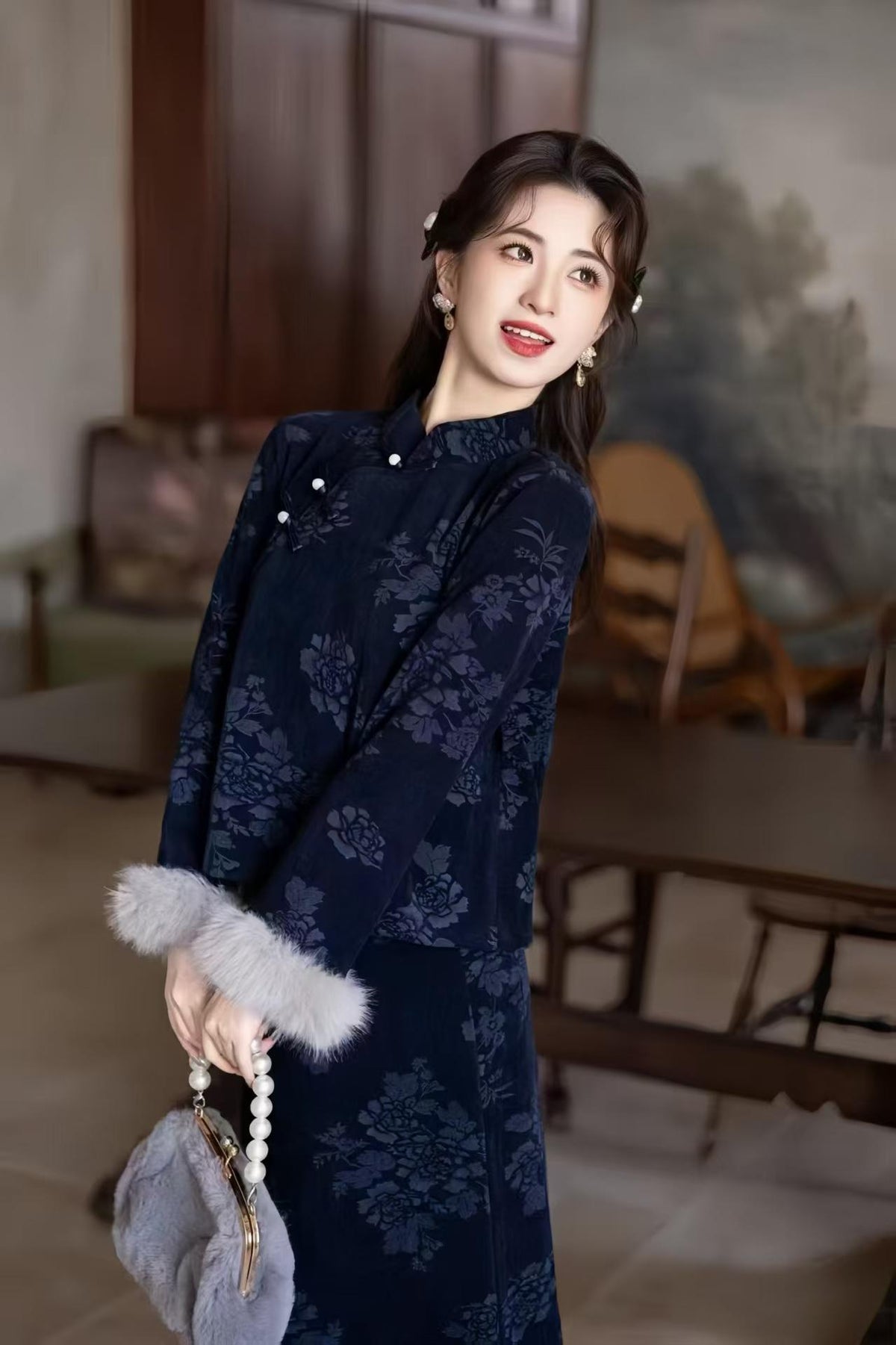 Women's Blue Vintage Qipao Cheongsam Dress – Chenille Maxi – additional product view