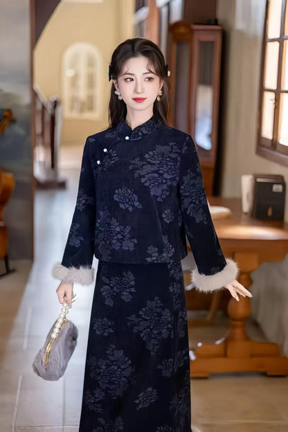 Women's Blue Vintage Qipao Cheongsam Dress – Chenille Maxi – additional product view