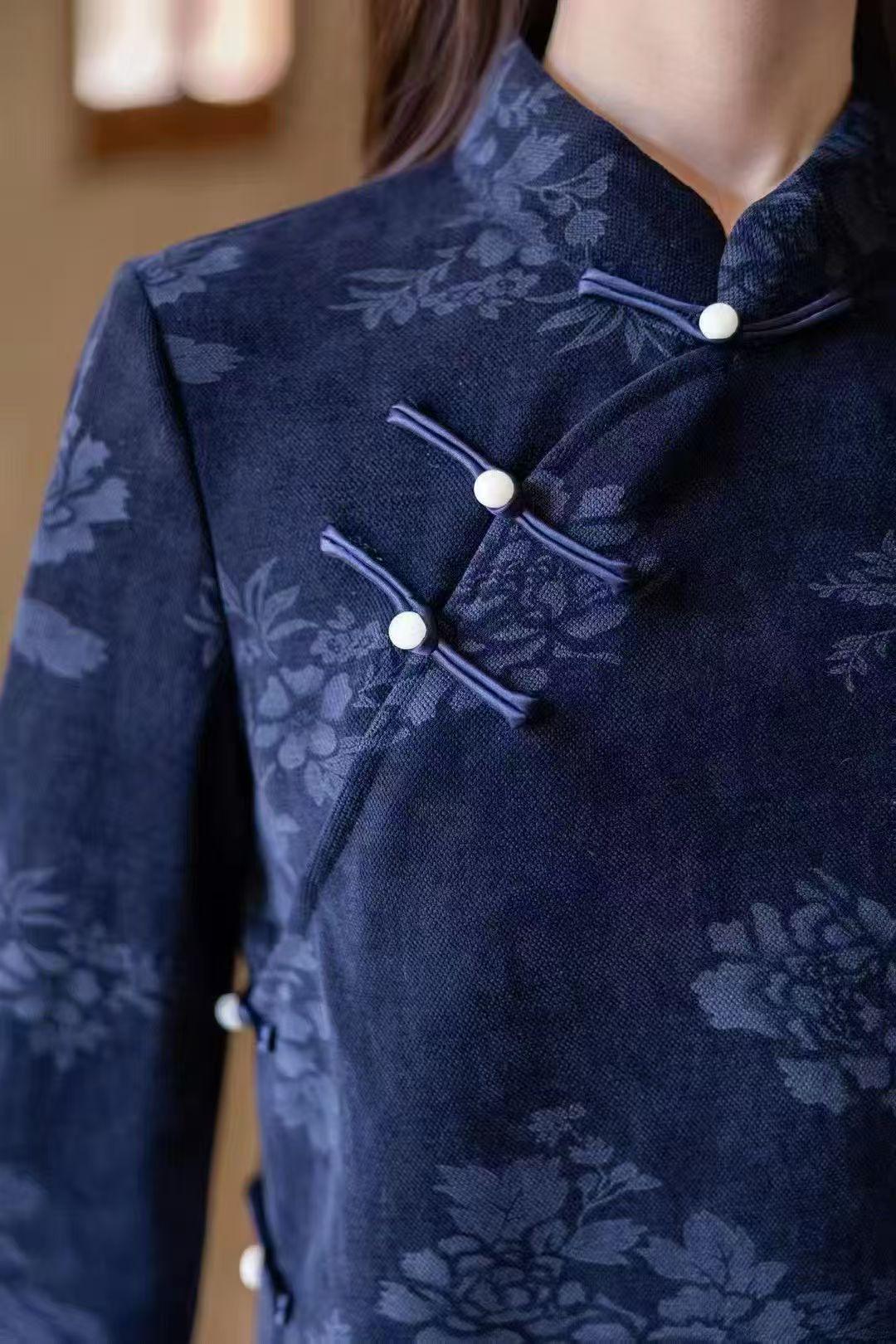Women's Blue Vintage Qipao Cheongsam Dress – Chenille Maxi – additional product view