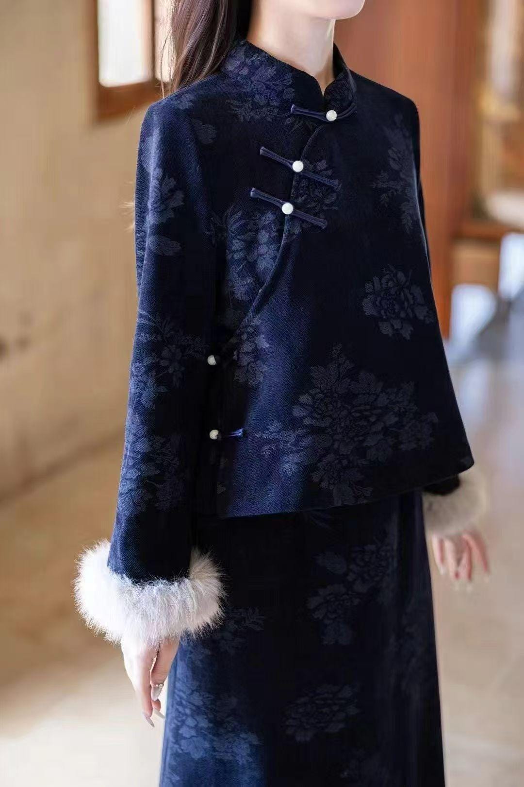 Women's Blue Vintage Qipao Cheongsam Dress – Chenille Maxi – additional product view