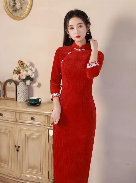 Women's Red Vintage Qipao Cheongsam Dress – Chenille Maxi
