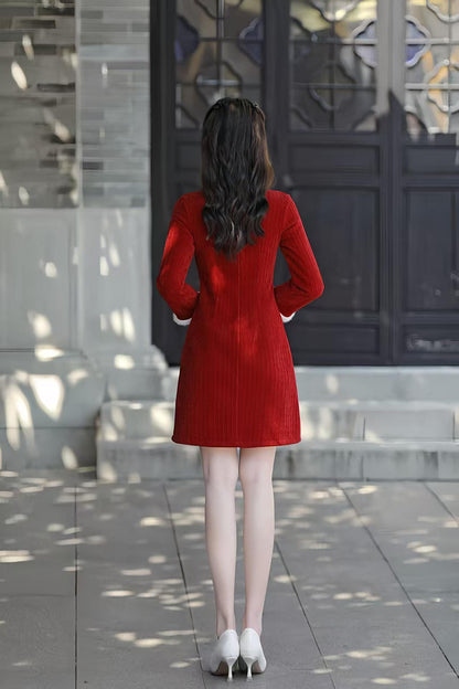 Women's Red Elegant Qipao Cheongsam Dress – Chenille Mandarin Collar – additional product view