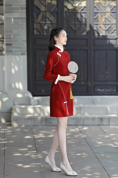 Women's Red Elegant Qipao Cheongsam Dress – Chenille Mandarin Collar – additional product view
