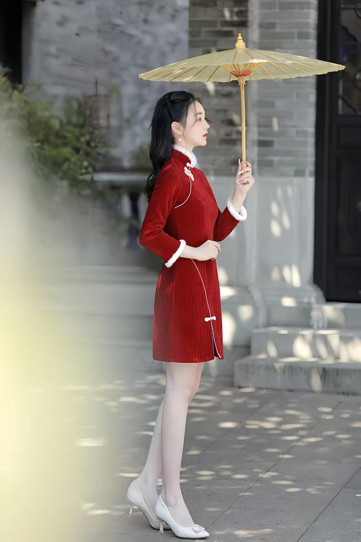 Women's Red Elegant Qipao Cheongsam Dress – Chenille Mandarin Collar – additional product view