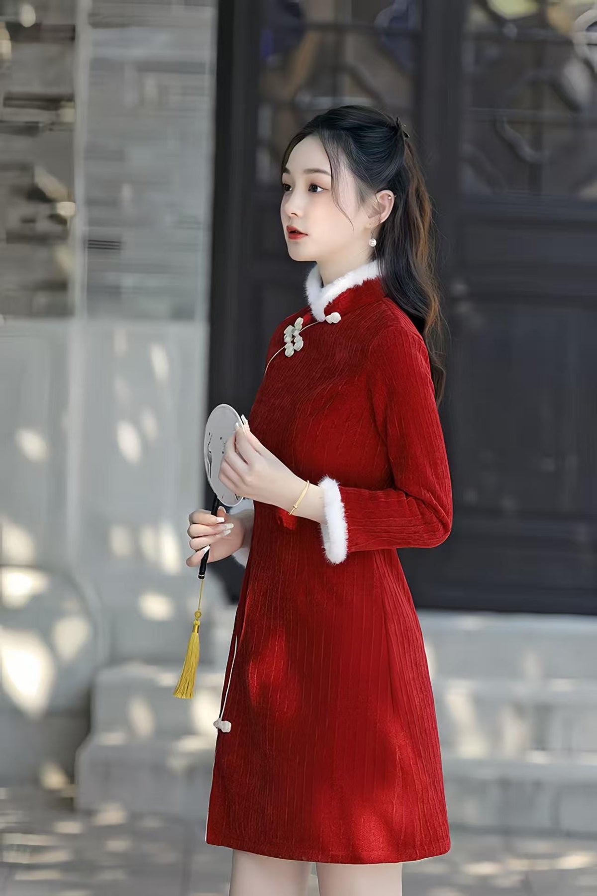 Women's Red Elegant Qipao Cheongsam Dress – Chenille Mandarin Collar – additional product view