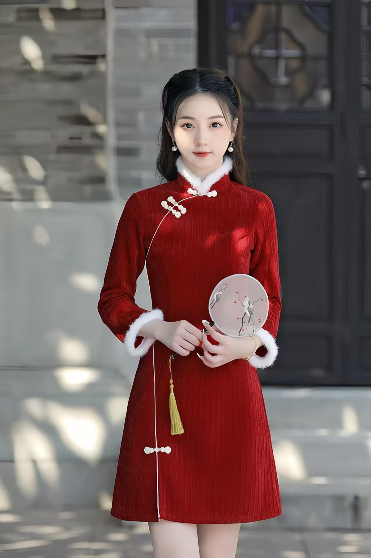 Women's Red Elegant Qipao Cheongsam Dress – Chenille Mandarin Collar – additional product view