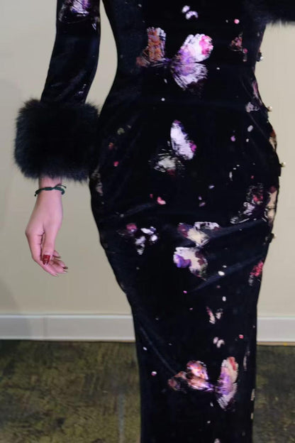 Women's Black Floral Velvet Qipao Cheongsam Dress – Long Sleeve Mandarin Collar – additional product view