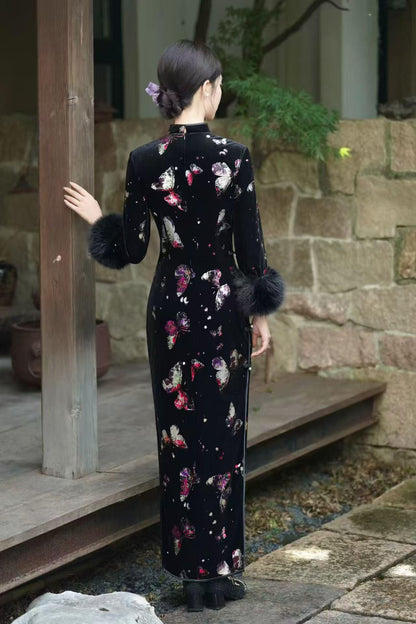 Women's Black Floral Velvet Qipao Cheongsam Dress – Long Sleeve Mandarin Collar – additional product view