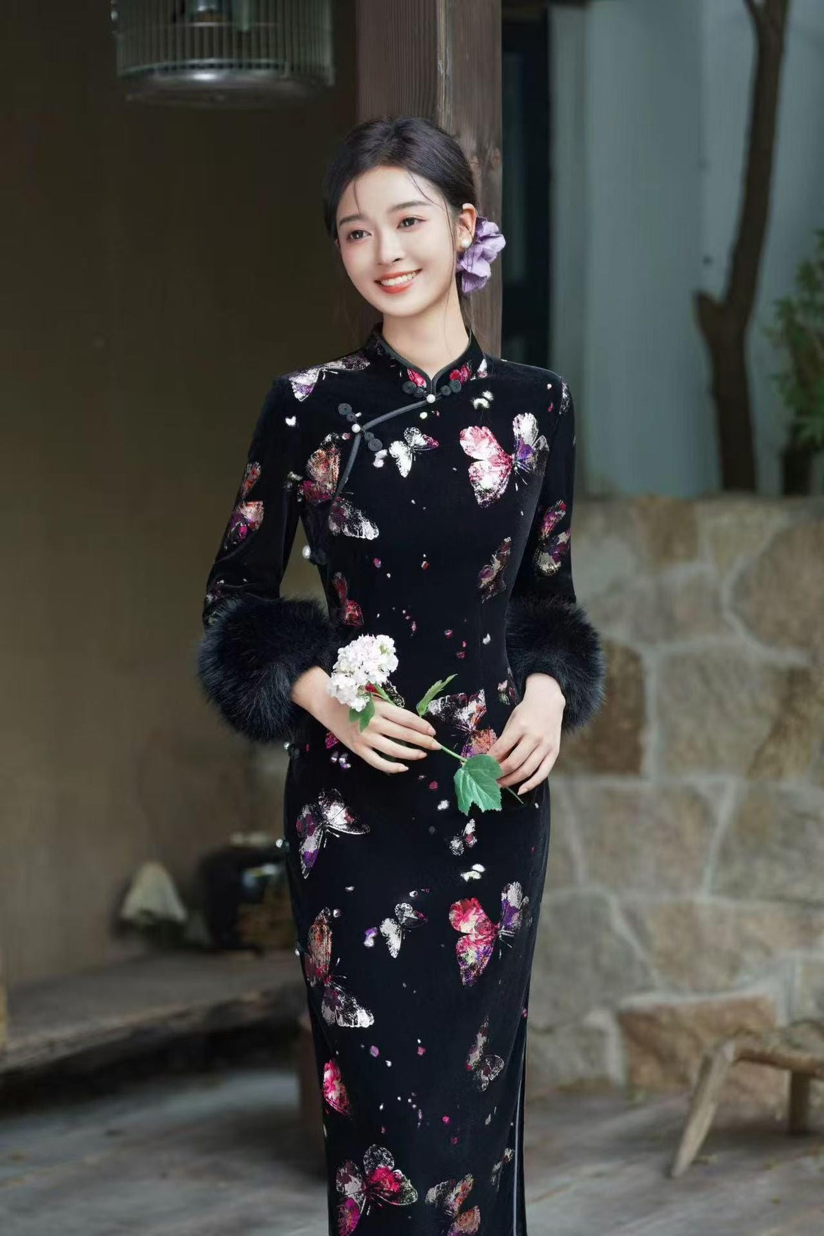 Women's Black Floral Velvet Qipao Cheongsam Dress – Long Sleeve Mandarin Collar – additional product view