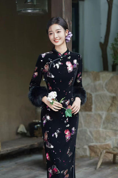 Women's Black Floral Velvet Qipao Cheongsam Dress – Long Sleeve Mandarin Collar – additional product view