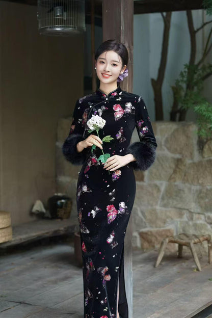 Women's Black Floral Velvet Qipao Cheongsam Dress – Long Sleeve Mandarin Collar – additional product view