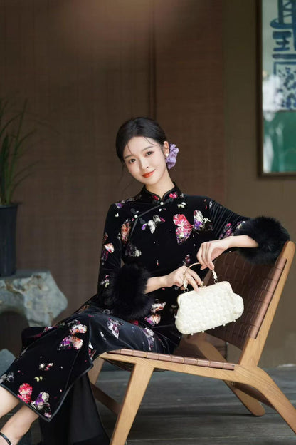 Women's Black Floral Velvet Qipao Cheongsam Dress – Long Sleeve Mandarin Collar – additional product view
