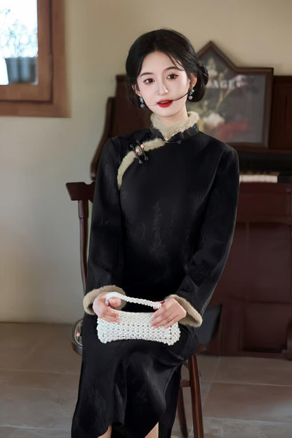 Women's Black Embroidered Qipao Cheongsam Dress – Jacquard Long – additional product view
