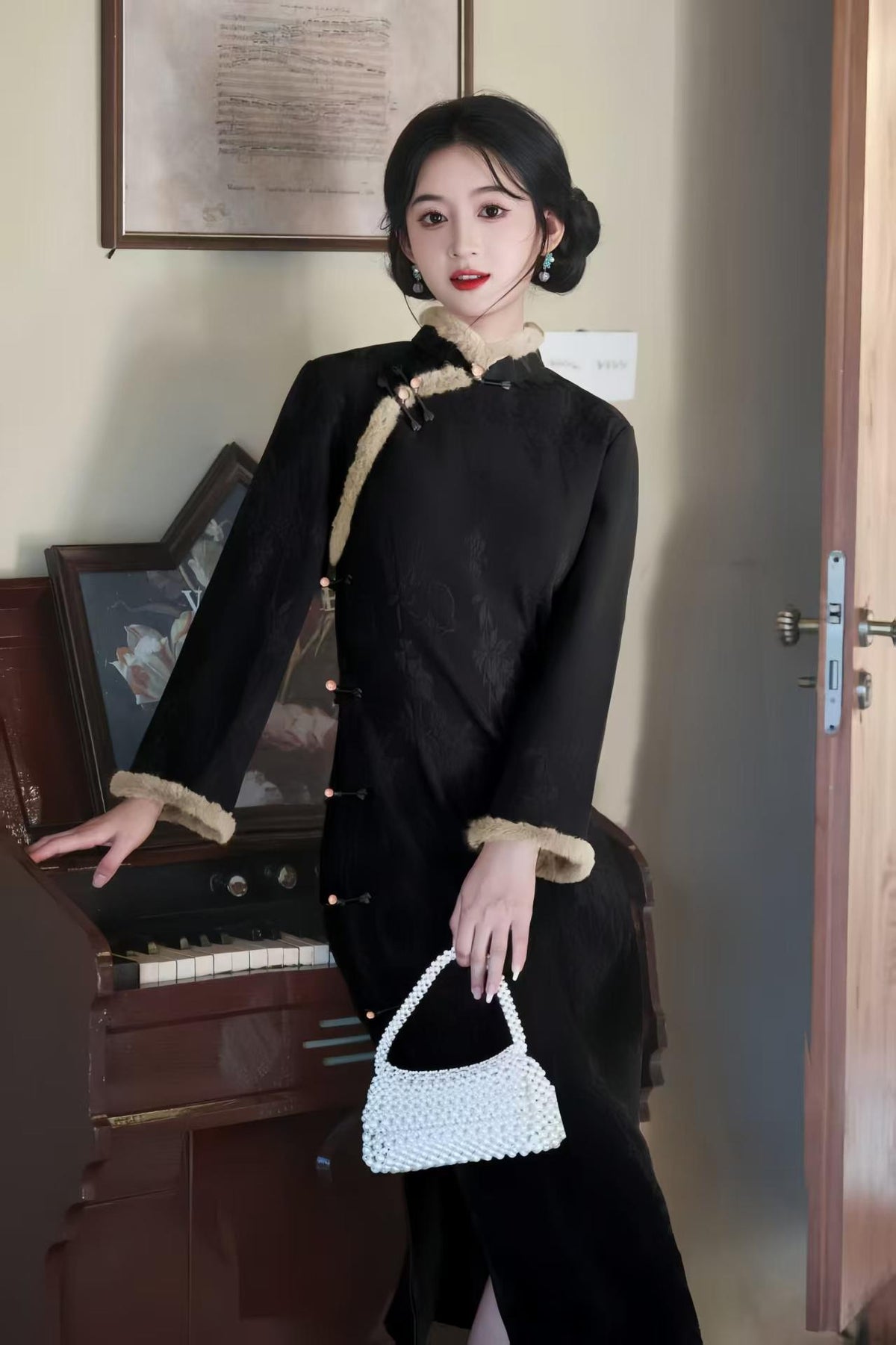 Women's Black Embroidered Qipao Cheongsam Dress – Jacquard Long