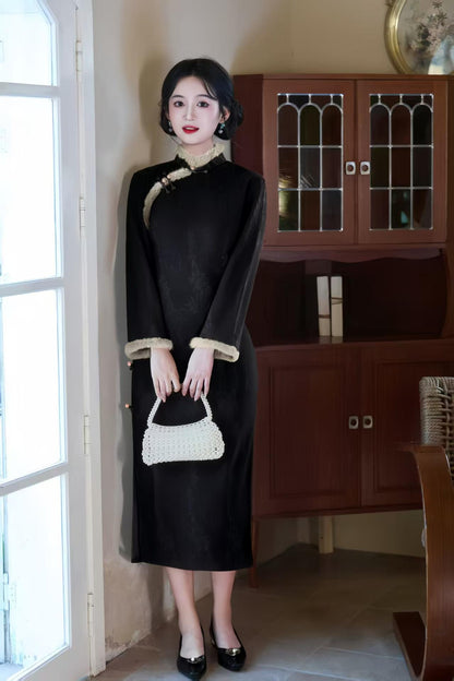 Women's Black Embroidered Qipao Cheongsam Dress – Jacquard Long – additional product view