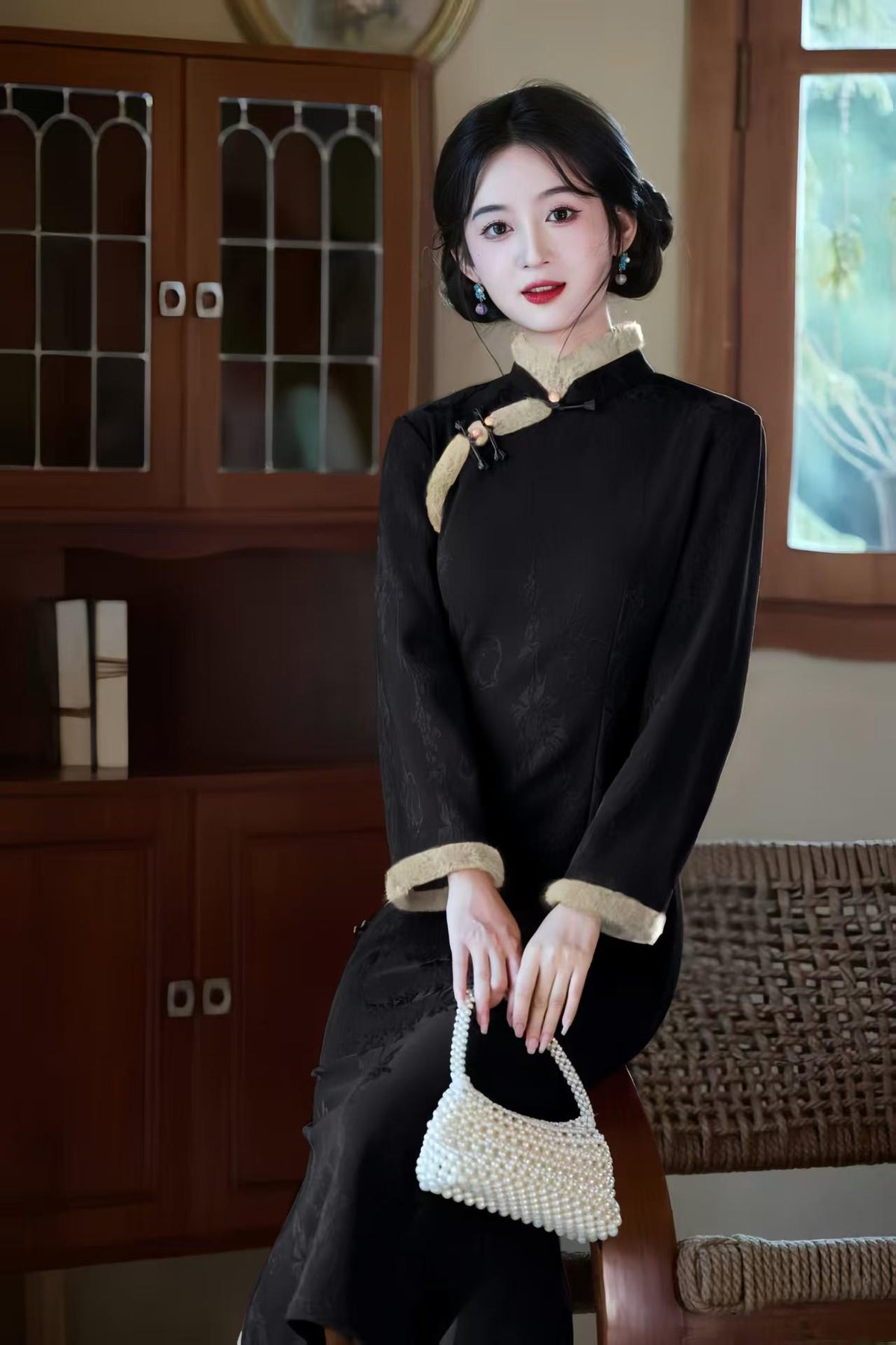 Women's Black Embroidered Qipao Cheongsam Dress – Jacquard Long – additional product view