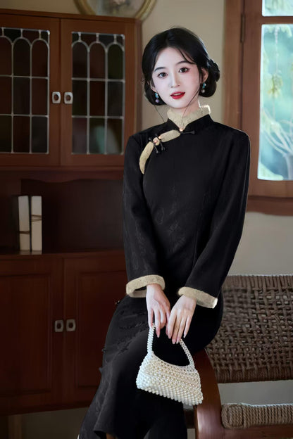 Women's Black Embroidered Qipao Cheongsam Dress – Jacquard Long – additional product view