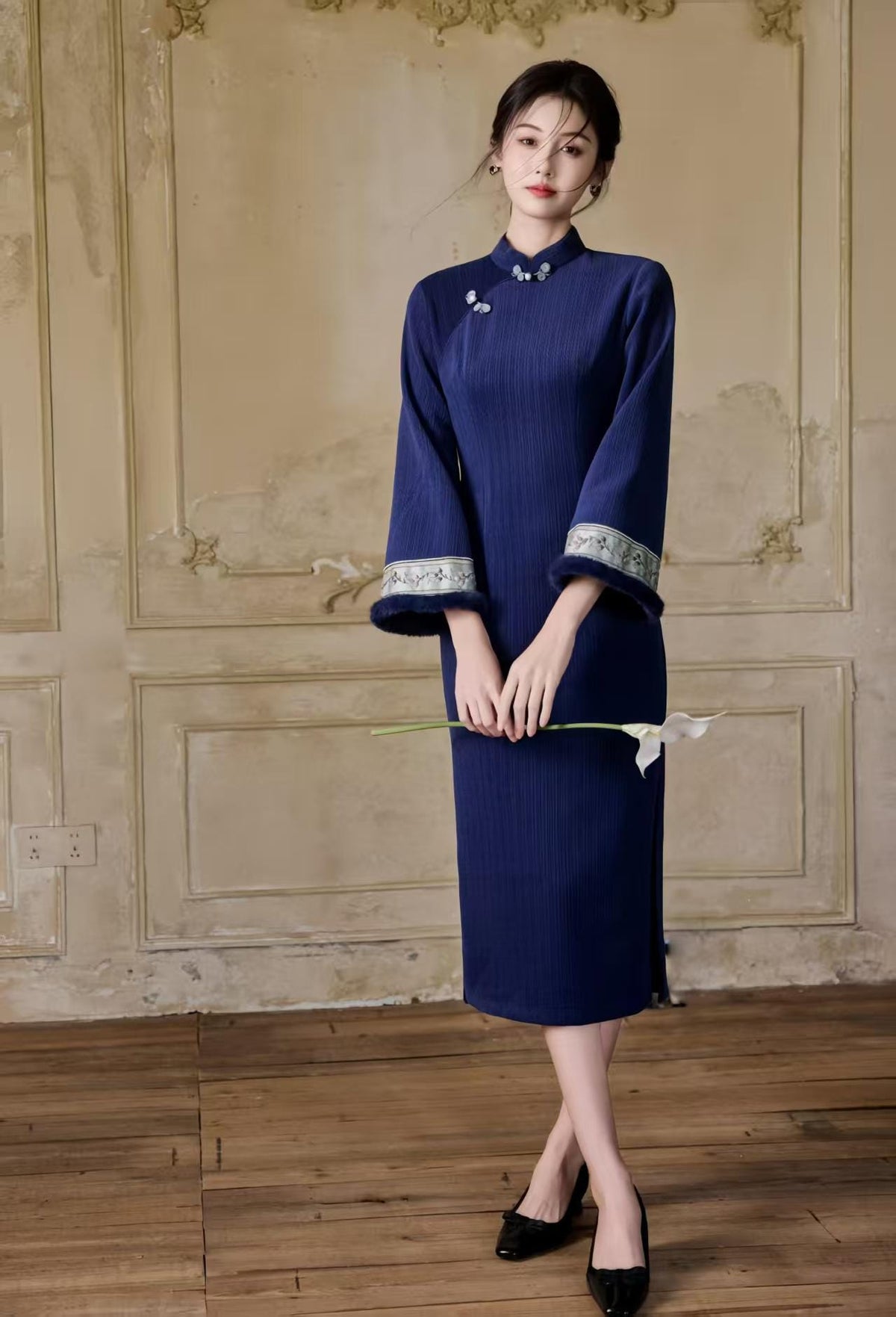 Women's Blue Floral Satin Qipao Cheongsam Dress – additional product view
