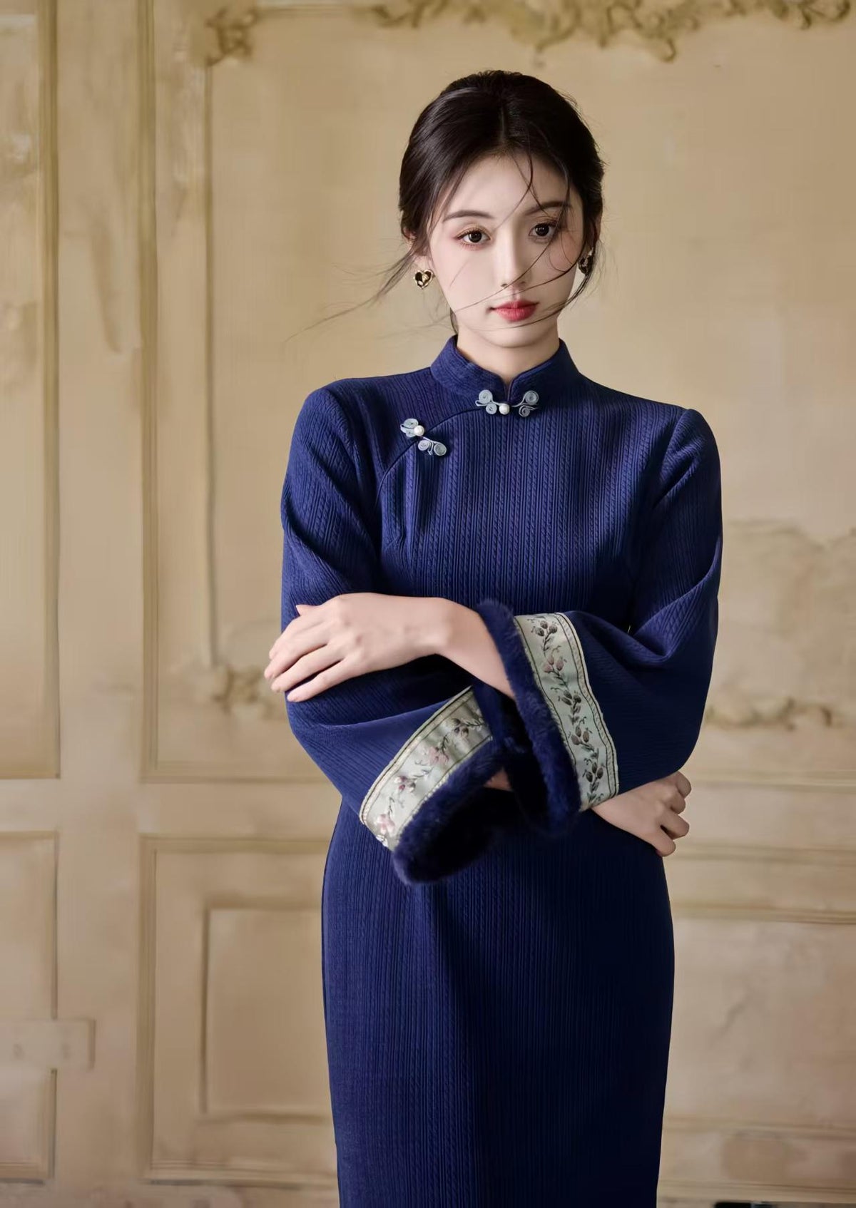 Women's Blue Floral Satin Qipao Cheongsam Dress – additional product view