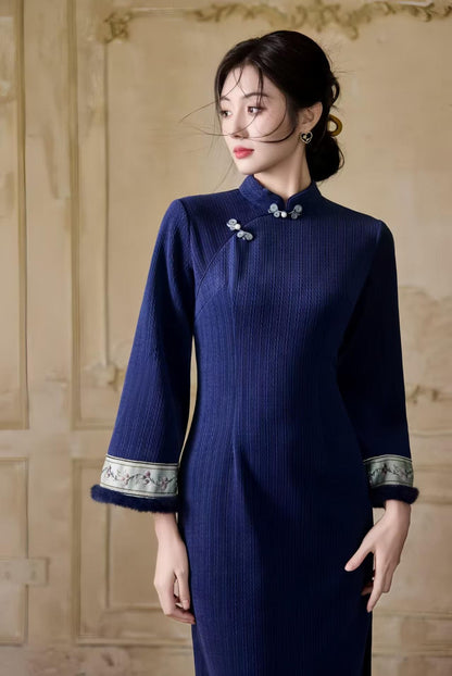 Women's Blue Floral Satin Qipao Cheongsam Dress – additional product view