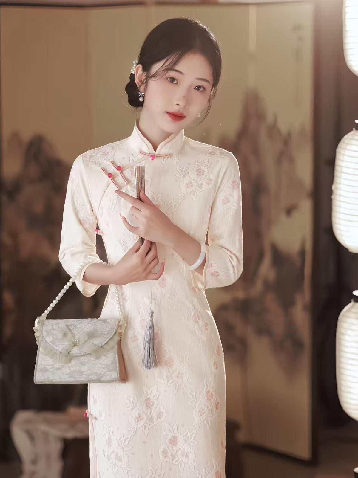 Women's White Floral Lace Qipao Cheongsam Dress – additional product view