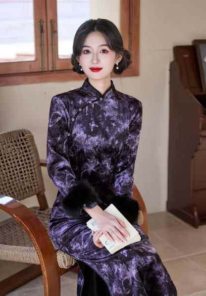 Women's Purple Floral Velvet Qipao Cheongsam Dress – Long Sleeve – additional product view