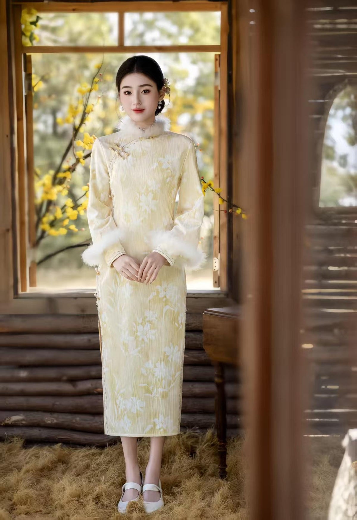 Women's Floral Velvet Qipao Cheongsam Dress – Long Sleeve – additional product view