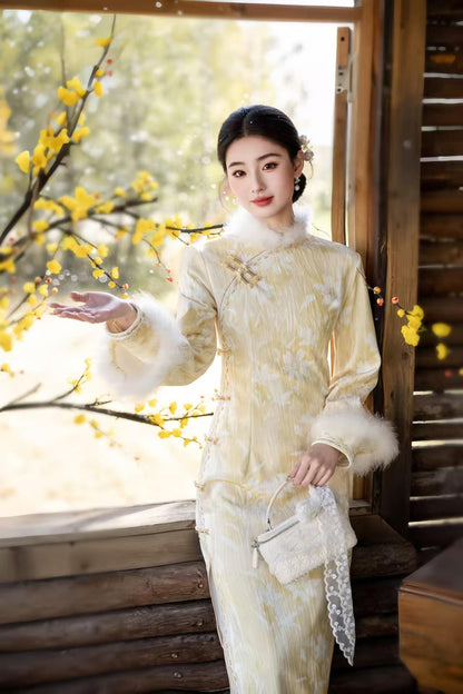 Women's Floral Velvet Qipao Cheongsam Dress – Long Sleeve – additional product view