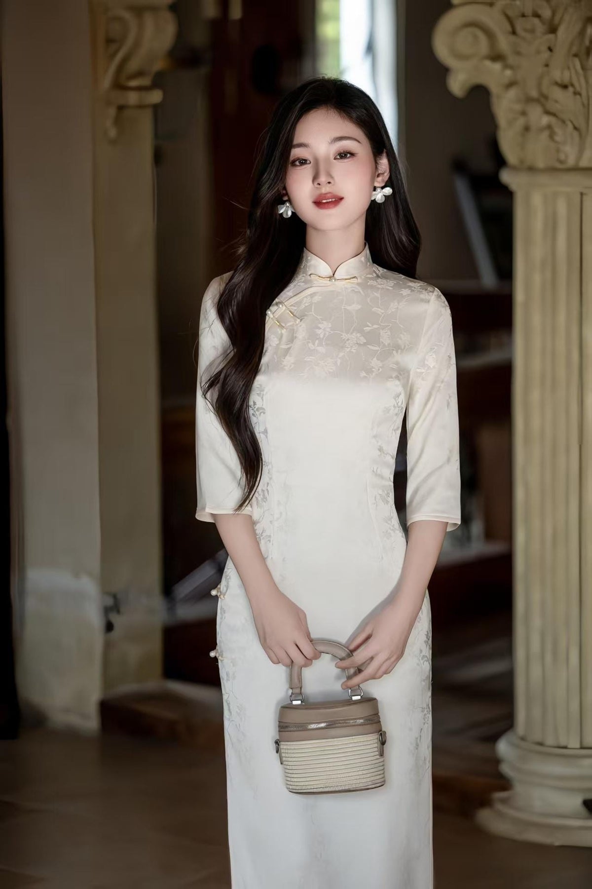 Women's White Floral Qipao Cheongsam Dress – Jacquard – additional product view