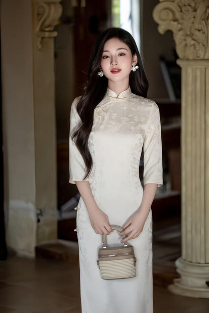 Women's White Floral Qipao Cheongsam Dress – Jacquard – additional product view