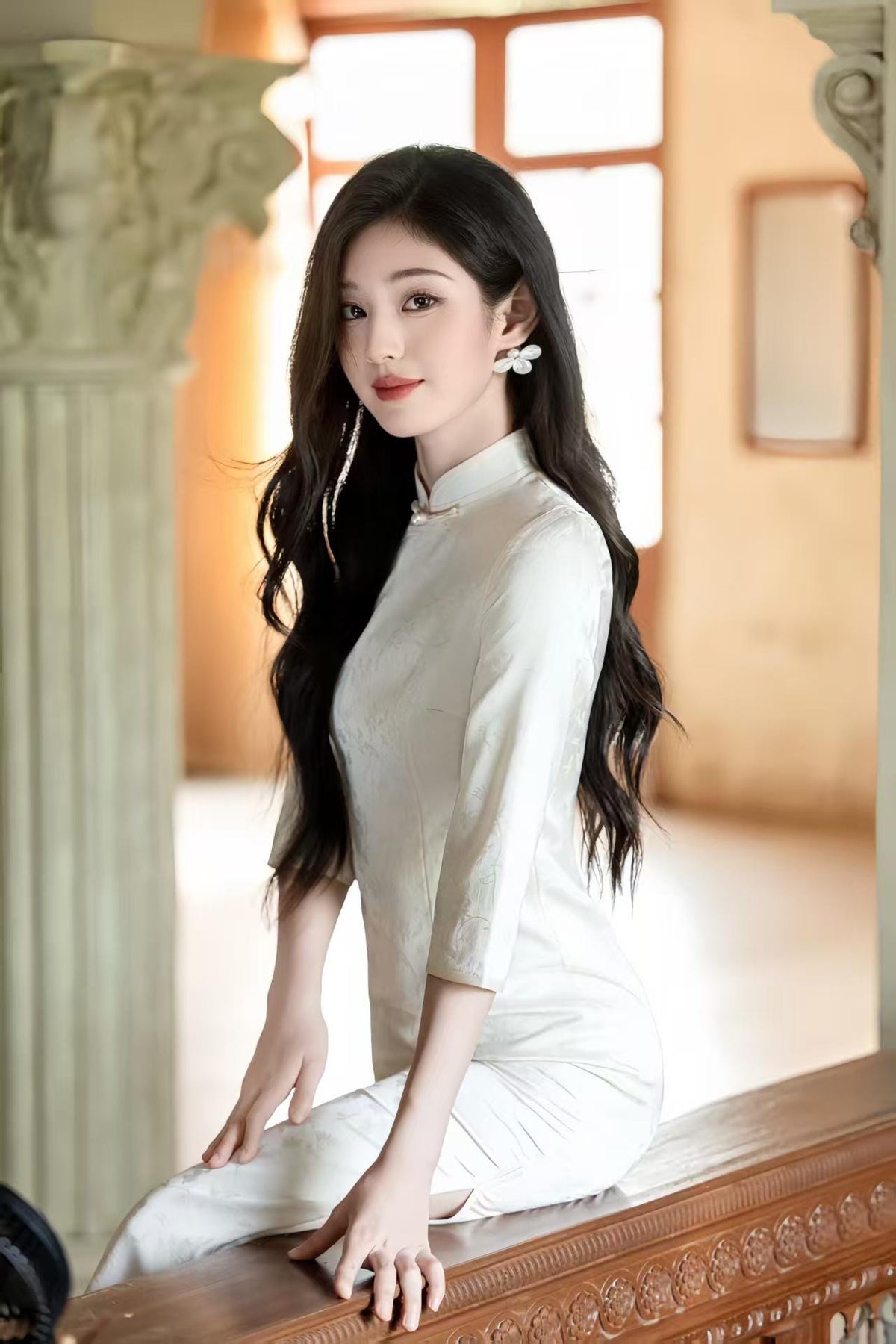 Women's White Floral Qipao Cheongsam Dress – Jacquard – additional product view