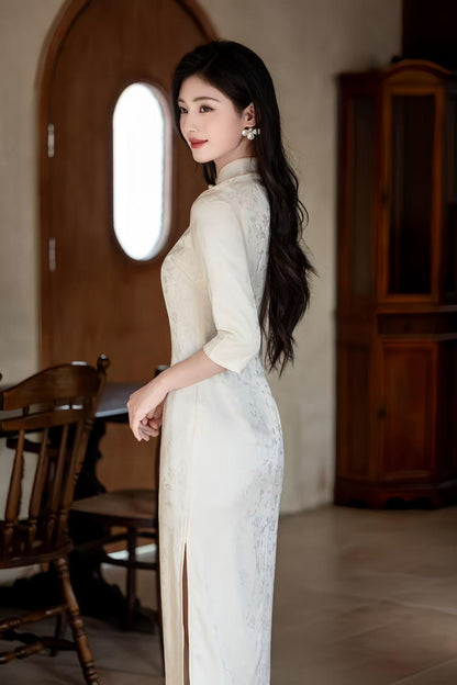 Women's White Floral Qipao Cheongsam Dress – Jacquard – additional product view
