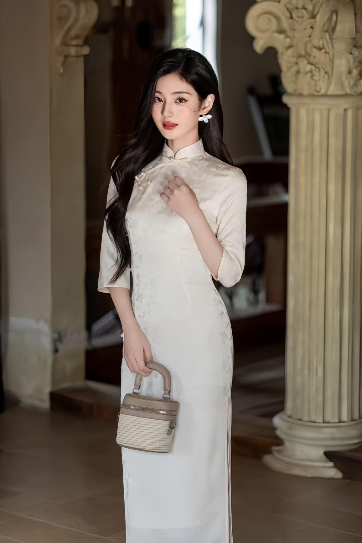 Women's White Floral Qipao Cheongsam Dress – Jacquard – additional product view