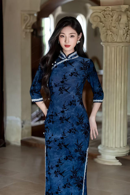 Women's Floral Velvet Qipao Cheongsam Dress – Floral Embroidery Mandarin Collar Fall Winter – additional product view