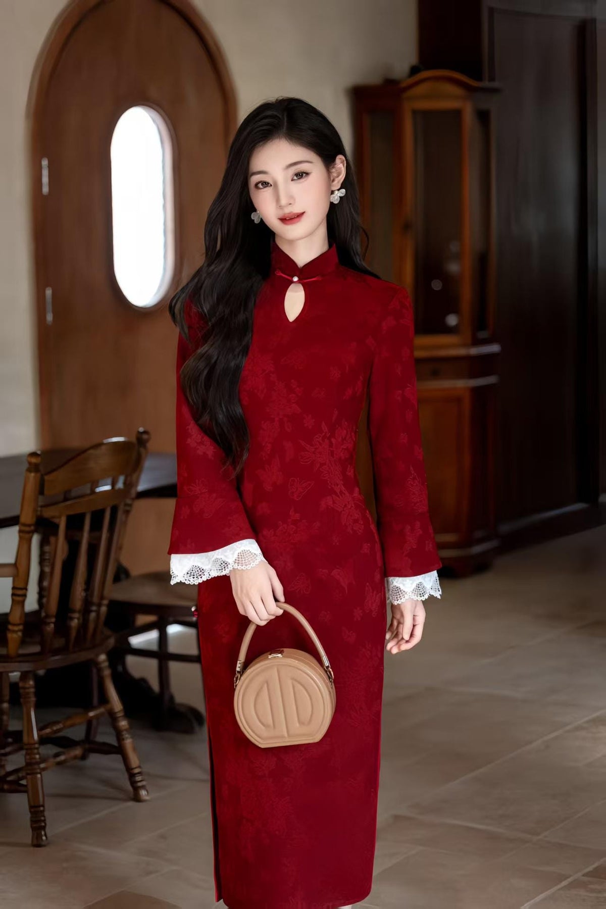 Women's Red Floral Velvet Qipao Cheongsam Dress – Floral Embroidery Fall Winter – additional product view