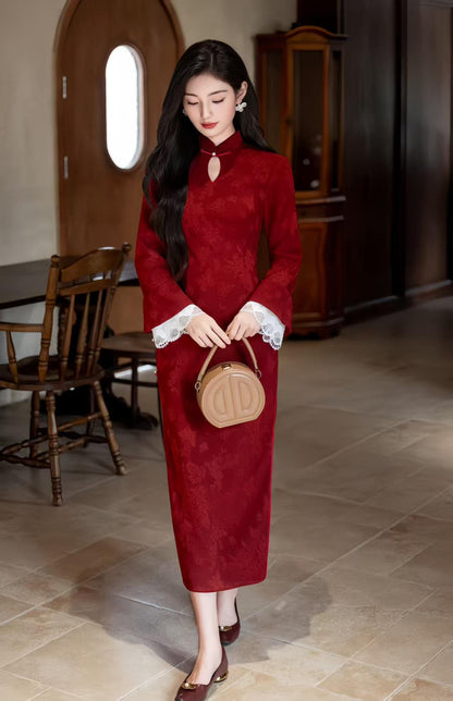 Women's Red Floral Velvet Qipao Cheongsam Dress – Floral Embroidery Fall Winter