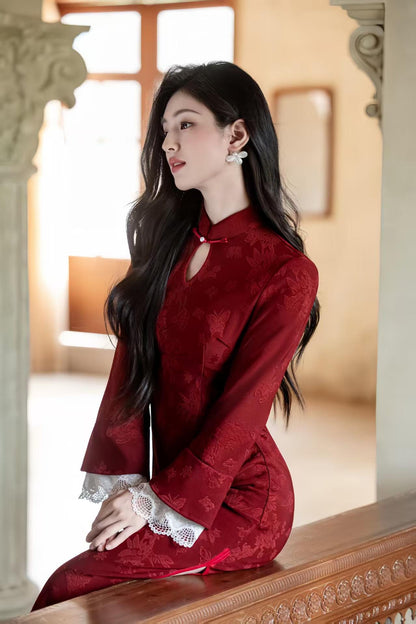 Women's Red Floral Velvet Qipao Cheongsam Dress – Floral Embroidery Fall Winter – additional product view